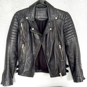 ALL SAINTS Papin Black Leather‎ Biker Jacket Size UK 2 EU 30 US 0, LIKE NEW